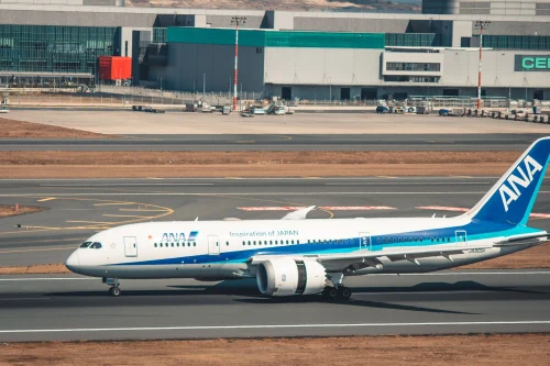 All Nippon Airways Boeing 777 (NH) on the airport apron.