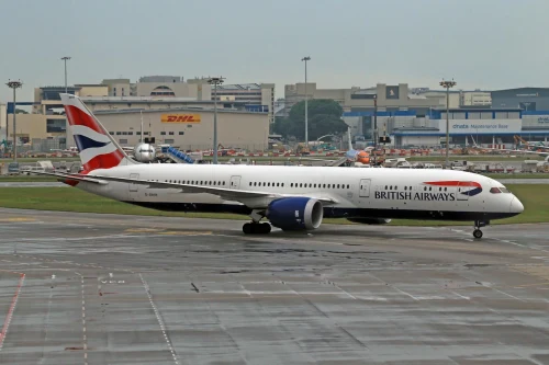 British Airways Airbus A321 (BA) lined up for departure.