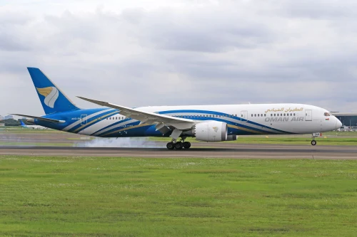 Oman Air Boeing 787 (OV) lined up for departure.