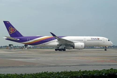 Thai Airways Airbus A380 (TG) on the airport apron.