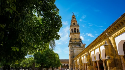 Beautiful view of the iconic bell tower at the Mosque-Cathedral of Cordoba, surrounded by lush trees on a sunny day
