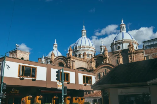 Magnificent view of Cuenca's Cathedral with iconic domes and clear blue sky