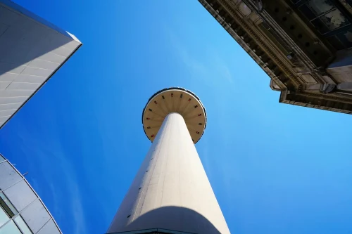 Low angle shot of Liverpool's iconic Radio City Tower against a clear blue sky