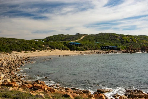 Beautiful coastal landscape with rocky shoreline and lush greenery under a blue sky