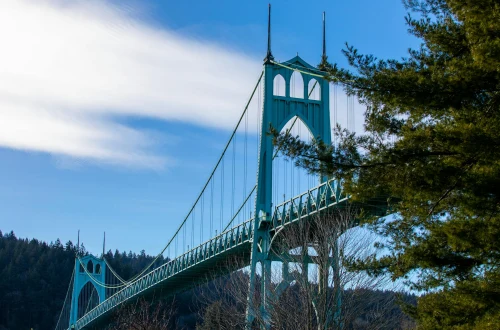 View of the iconic St. Johns Bridge with blue sky and greenery, Portland, Oregon
