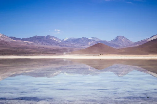 view of the serene Bolivian Altiplano lagoon with majestic mountains reflecting in the water