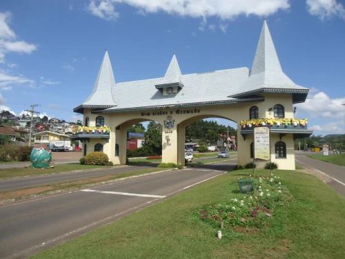 Picturesque entrance arch in Gramado, Brazil on a sunny day