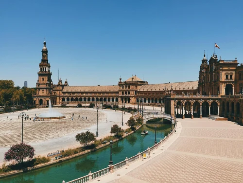 Stunning view of Plaza de España, Seville with its iconic architecture on a sunny day