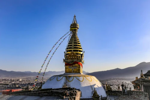 Majestic view of the Swayambhunath Stupa with blue sky in Kathmandu, Nepal