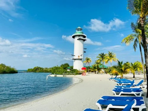 Serene beach scene with a white lighthouse and palm trees under a bright blue sky in Belize