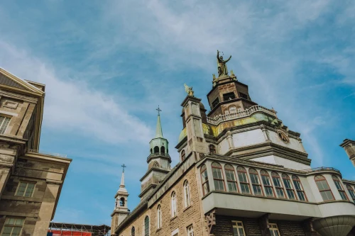 A stunning view of Notre-Dame-de-Bon-Secours Chapel's architecture against a clear sky in Montreal