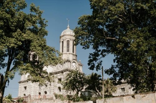 A historical cathedral tower framed by lush green trees under a clear blue sky
