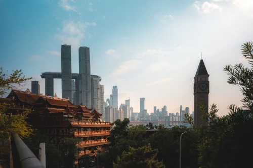 Skyline of Chongqing showcasing modern skyscrapers and traditional architecture under a clear sky