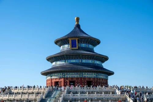 Stunning view of the Temple of Heaven, a historic landmark in Beijing, China, with a vibrant clear sky