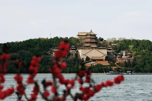 View of the Summer Palace in Beijing, China with blooming flowers in the foreground, taken on a sunny day