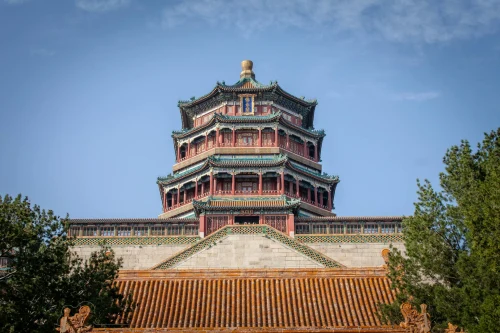 Low angle view of the Summer Palace's Tower of Buddhist Incense in Beijing, China, under a blue sky