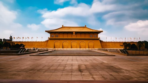 Majestic view of ancient Asian architectural landmark under clear blue sky
