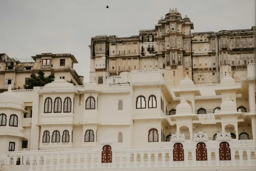Beautiful architectural details of Udaipur's historic palace in Rajasthan, India