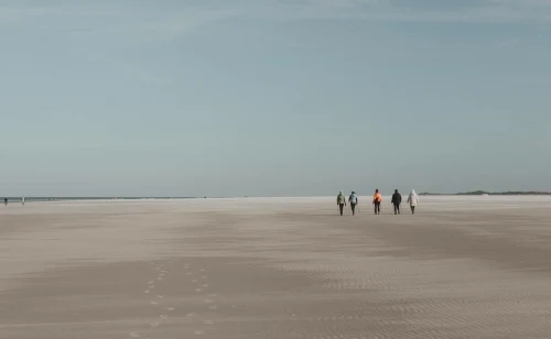 A group enjoys a sunny day Nordic walking on Borkum beach, showcasing the serene coastal landscape