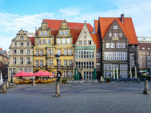 Historic facades in Bremen's famous market square on a clear day