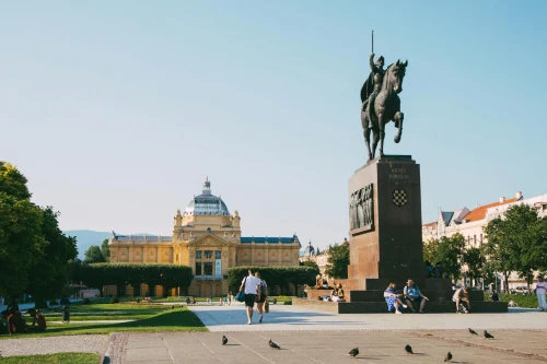 Sunny day at King Tomislav Square, featuring the iconic King Tomislav statue in Zagreb, Croatia