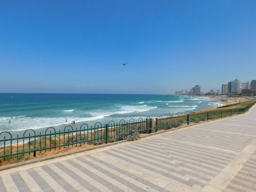 Beautiful view of Tel Aviv beach and cityscape under a clear blue sky