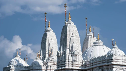 Captivating view of the BAPS Shri Swaminarayan Mandir's intricate domes under a clear blue sky