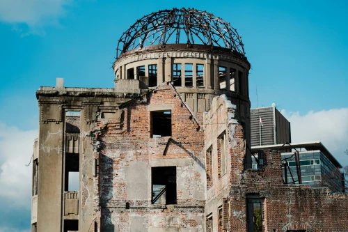 Historic Hiroshima Peace Memorial, a UNESCO site, under a clear blue sky