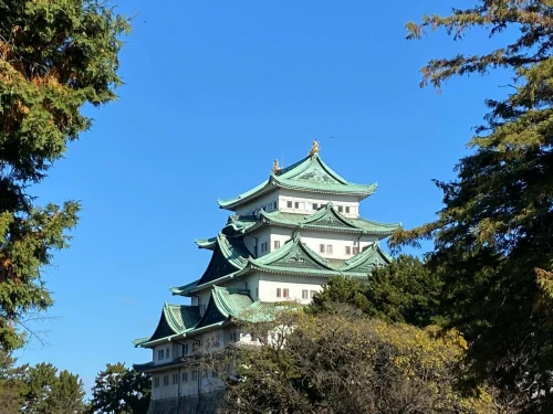 Nagoya Castle framed by trees, under a clear blue sky in Japan