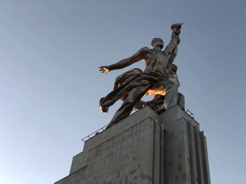 Iconic Worker and Kolkhoz Woman statue against blue sky in Moscow
