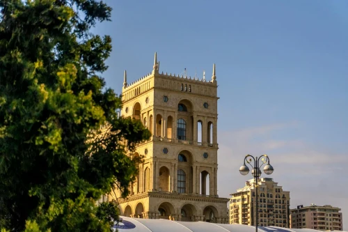 Stunning architectural view of a historic building in Baku during a sunny day