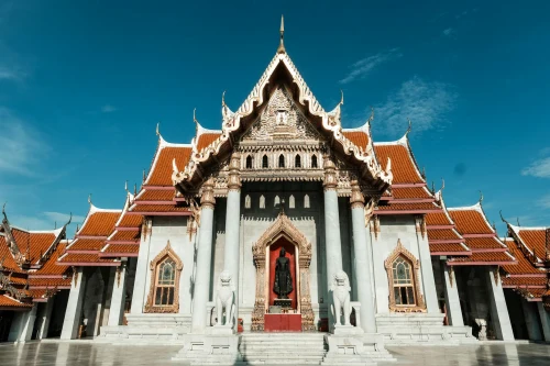 Beautiful facade of Wat Benchamabophit, showcasing traditional Thai architecture under a clear blue sky