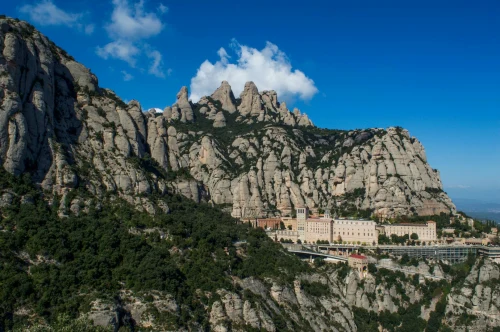 Stunning landscape of Montserrat Mountain and monastery in Catalonia, Spain, under a clear blue sky
