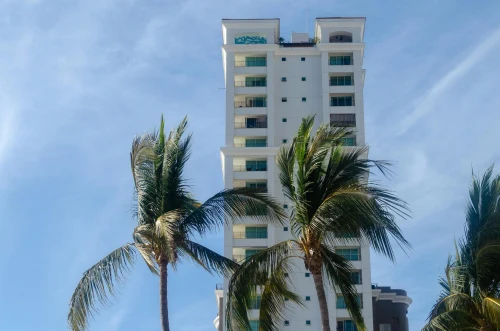 Tall hotel building with palm trees under a clear blue sky in Puerto Vallarta, Mexico