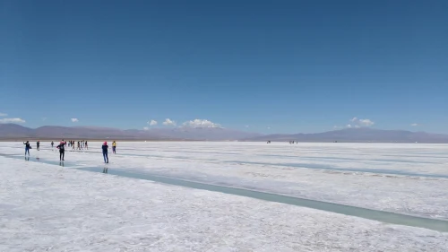 Explore the breathtaking vastness of Salinas Grandes salt flat in Salta, Argentina with a clear blue sky