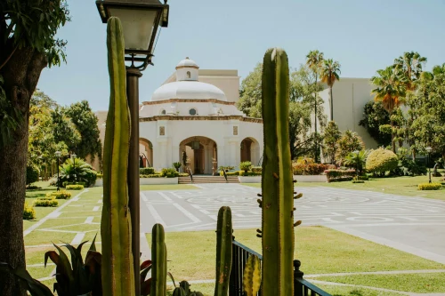 Beautiful architectural landmark surrounded by lush greenery and cacti in a sunny Mexican garden