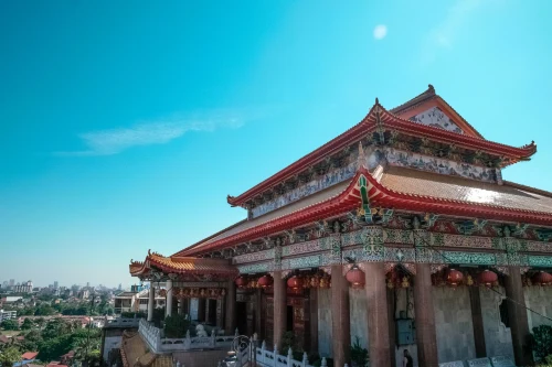 Scenic view of the Kek Lok Si Pagoda in Penang, Malaysia, against a bright blue sky