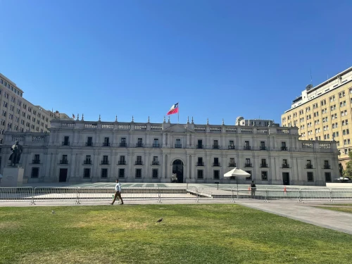 View of La Moneda Palace in Santiago, Chile on a sunny day