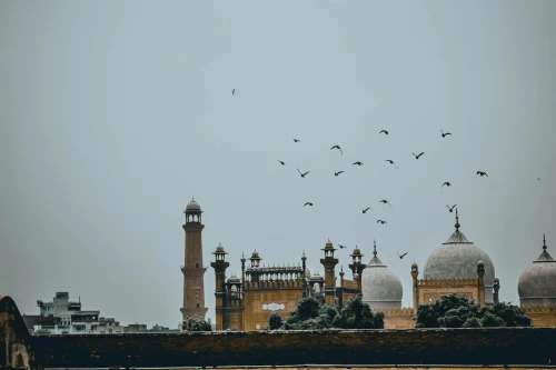 Scenic view of Badshahi Mosque in Lahore with flying birds against a clear blue sky