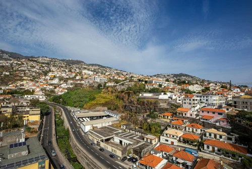 Discover Madeira's charming city with colorful rooftops under a clear blue sky