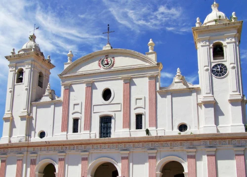 Front view of historic cathedral in Asunción, Paraguay with clear blue sky