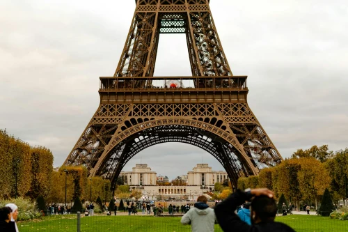 Capture of the Eiffel Tower surrounded by autumn foliage, a popular Paris landmark