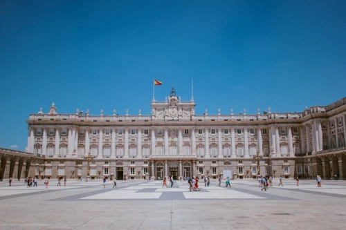 Stunning front view of the Royal Palace in Madrid with a clear sky