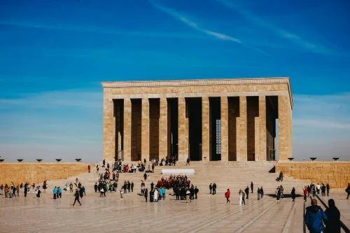 Tourists explore Anıtkabir mausoleum in sunny weather. Iconic landmark in Ankara, Turkey