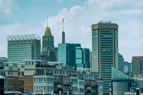A vibrant view of Baltimore cityscape featuring iconic skyscrapers under a clear sky