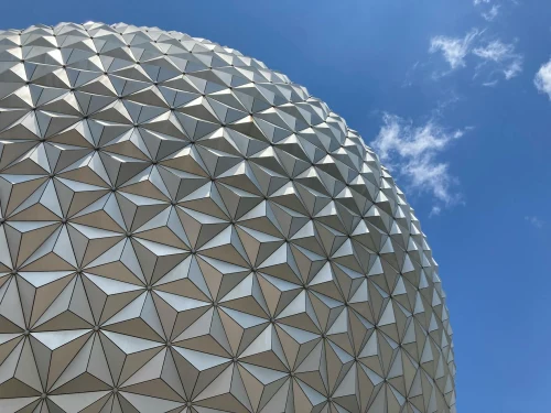 Close-up view of the iconic geodesic sphere at Epcot, Orlando, beautifully captured with a clear blue sky backdrop