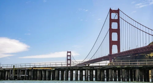 A scenic view of the iconic Golden Gate Bridge against a clear blue sky in San Francisco