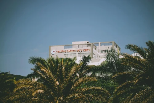 Quy Nhon University building among lush palm trees against a clear sky