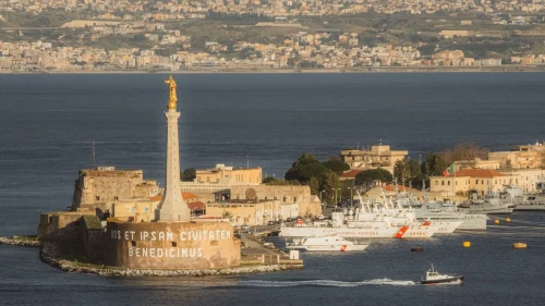 Explore the picturesque Messina harbor with the iconic stele of Madonna della Lettera against a vibrant cityscape